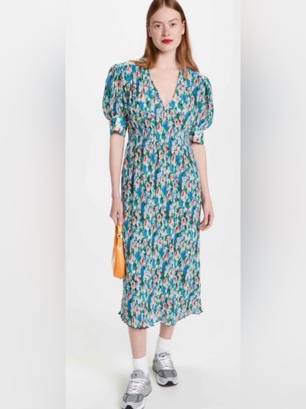 GANNI FLORAL PLEATED GEORGETTE MIDI DRESS, SIZE 34 (US XS), NWT.